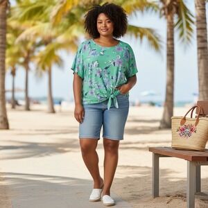 Ruby Rd Plus Size Green Floral Tie Front Top Blouse Resortwear Cruise Plus 2X